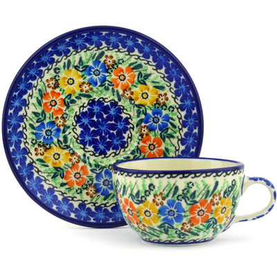Polish Pottery Cup with Saucer 7 oz Flower Patch UNIKAT