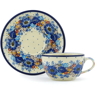 Polish Pottery Cup with Saucer 7 oz Flower Wreath UNIKAT