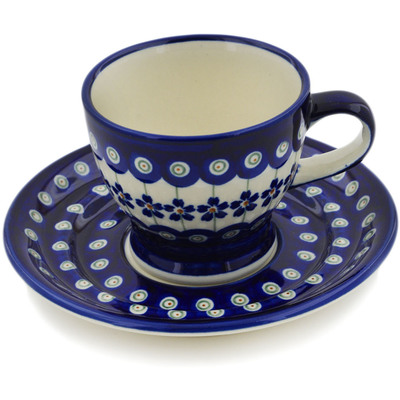 Polish Pottery Cup with Saucer 7 oz Flowering Peacock