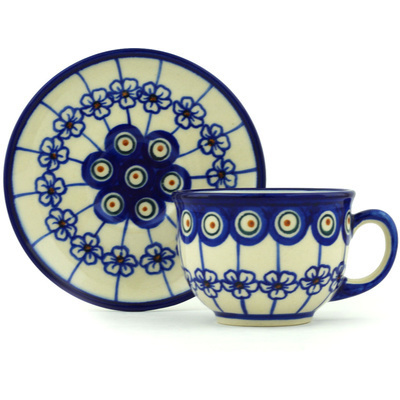 Polish Pottery Cup with Saucer 7 oz Flowering Peacock