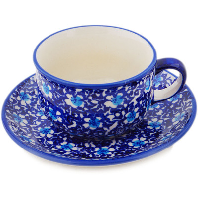 Polish Pottery Cup with Saucer 7 oz Flowers On The Lake