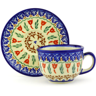Polish Pottery Cup with Saucer 7 oz Fluttering Tulips