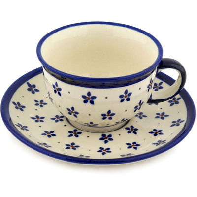 Polish Pottery Cup with Saucer 7 oz Forget Me Knot