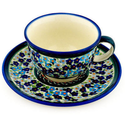 Polish Pottery Cup with Saucer 7 oz Forget Me Not Basket UNIKAT