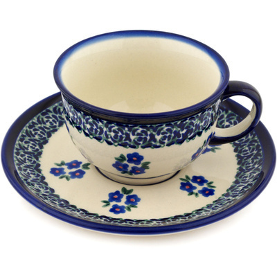 Polish Pottery Cup with Saucer 7 oz Forget Me Not Dots