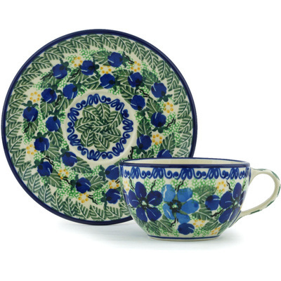 Polish Pottery Cup with Saucer 7 oz Forget Me Not Meadow UNIKAT