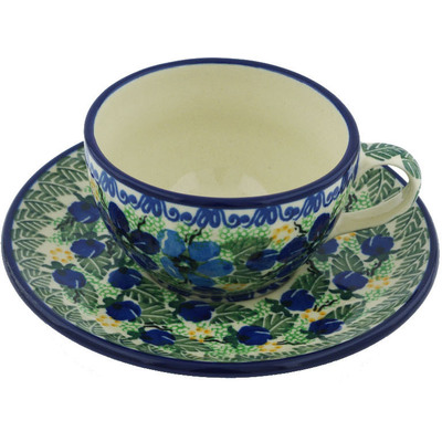 Polish Pottery Cup with Saucer 7 oz Forget Me Not Meadow UNIKAT