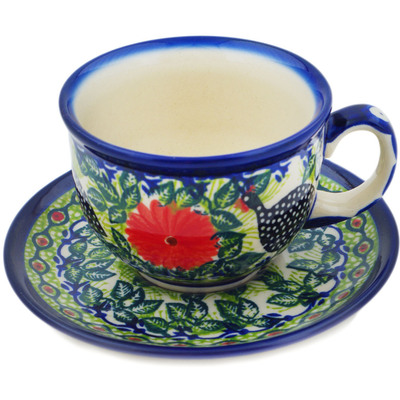 Polish Pottery Cup with Saucer 7 oz Fowl In The Florals UNIKAT
