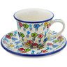 Polish Pottery Cup with Saucer 7 oz Fun Time UNIKAT
