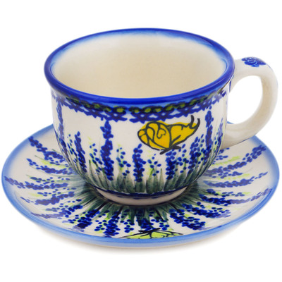 Polish Pottery Cup with Saucer 7 oz Garden Whispers UNIKAT