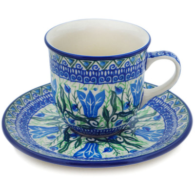 Polish Pottery Cup with Saucer 7 oz Gentian Wreath UNIKAT