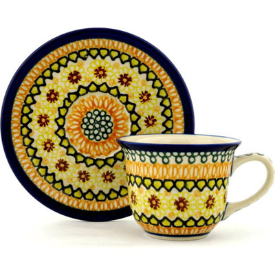 Polish Pottery Cup with Saucer 7 oz Geometric Sunflower