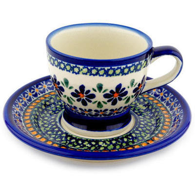 Polish Pottery Cup with Saucer 7 oz Gingham Flowers