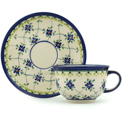 Polish Pottery Cup with Saucer 7 oz Gingham Trellis