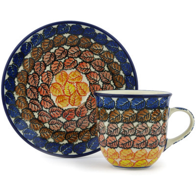 Polish Pottery Cup with Saucer 7 oz Golden Autumn UNIKAT
