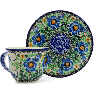 Polish Pottery Cup with Saucer 7 oz Grecian Blooms UNIKAT