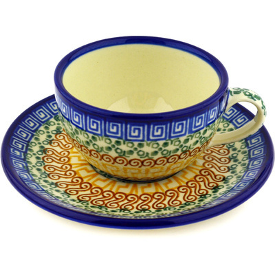 Polish Pottery Cup with Saucer 7 oz Grecian Sea