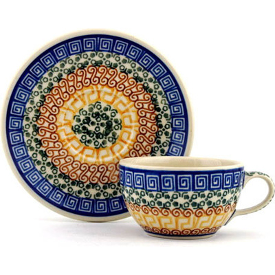 Polish Pottery Cup with Saucer 7 oz Grecian Sea