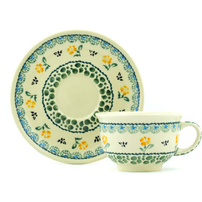 Polish Pottery Cup with Saucer 7 oz Green Bubbles