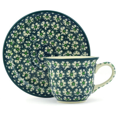 Polish Pottery Cup with Saucer 7 oz Green Garlands