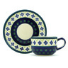 Polish Pottery Cup with Saucer 7 oz Green Gingham Peacock