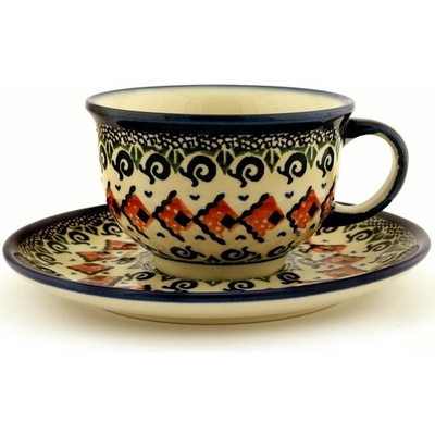 Polish Pottery Cup with Saucer 7 oz Green Mosaic UNIKAT