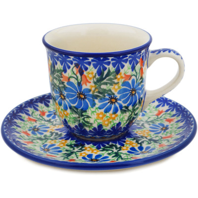 Polish Pottery Cup with Saucer 7 oz Happy Daisy UNIKAT