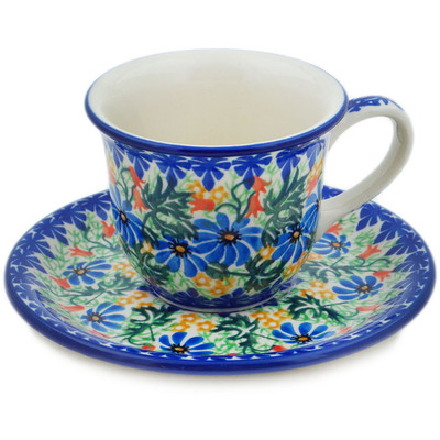 Polish Pottery Cup with Saucer 7 oz Happy Daisy UNIKAT