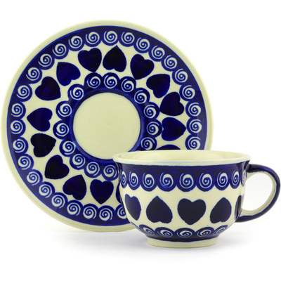 Polish Pottery Cup with Saucer 7 oz Heart Swirls