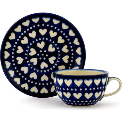 Polish Pottery Cup with Saucer 7 oz Heart To Heart