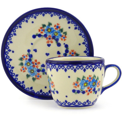Polish Pottery Cup with Saucer 7 oz Hearts And Flowers