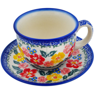 Polish Pottery Cup with Saucer 7 oz Hibiscus Haven