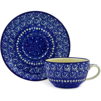 Polish Pottery Cup with Saucer 7 oz High Tide