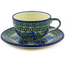 Polish Pottery Cup with Saucer 7 oz Hiking Song UNIKAT