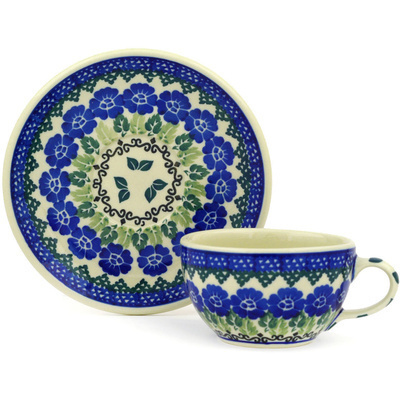 Polish Pottery Cup with Saucer 7 oz Leaves And Flowers