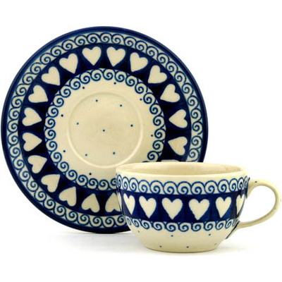 Polish Pottery Cup with Saucer 7 oz Light Hearted