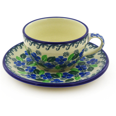 Polish Pottery Cup with Saucer 7 oz Lime Flower