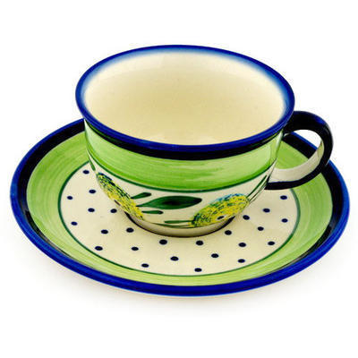 Polish Pottery Cup with Saucer 7 oz Limon Swirl