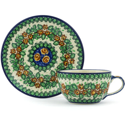 Polish Pottery Cup with Saucer 7 oz Maple Leaves UNIKAT