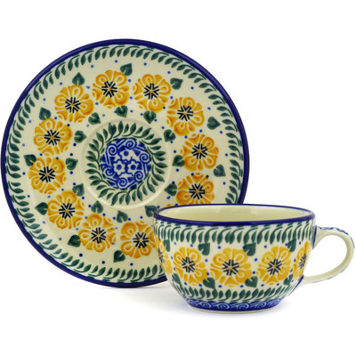 Polish Pottery Cup with Saucer 7 oz Marigold Morning