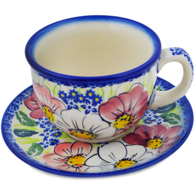 Polish Pottery Cup with Saucer 7 oz Maroon Blossoms
