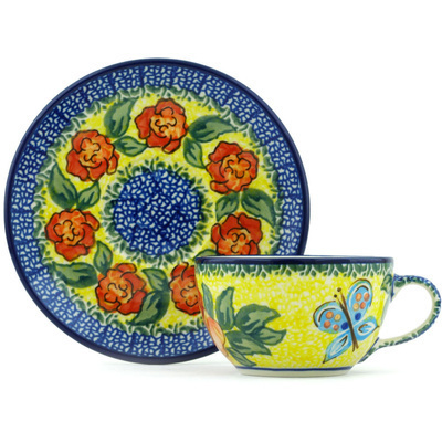 Polish Pottery Cup with Saucer 7 oz Matisse Flowers UNIKAT