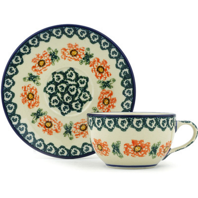 Polish Pottery Cup with Saucer 7 oz Meadow Breeze