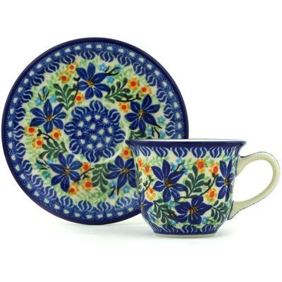 Polish Pottery Cup with Saucer 7 oz Midnight Lilies UNIKAT