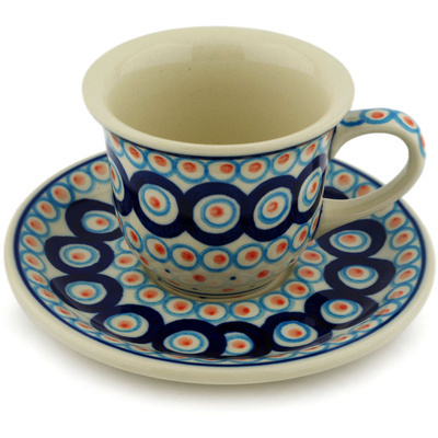 Polish Pottery Cup with Saucer 7 oz Modern Peacock