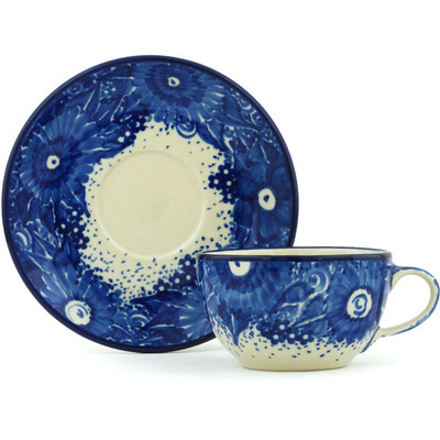 Polish Pottery Cup with Saucer 7 oz Moody Blue UNIKAT