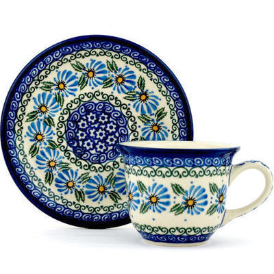 Polish Pottery Cup with Saucer 7 oz Morning Daisy