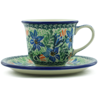 Polish Pottery Cup with Saucer 7 oz Morning Lilies UNIKAT