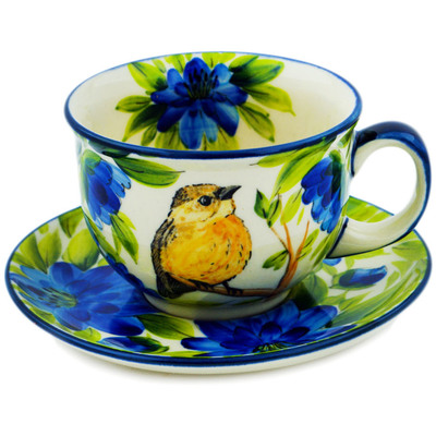 Polish Pottery Cup with Saucer 7 oz Nightingale In Blue Garden