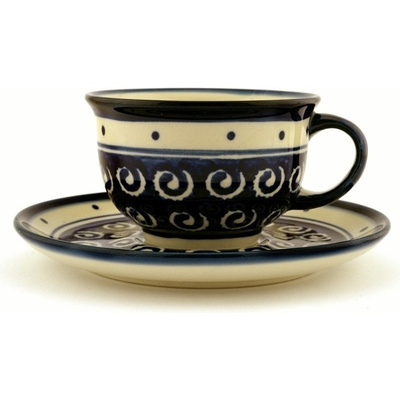 Polish Pottery Cup with Saucer 7 oz Ocean Swirl